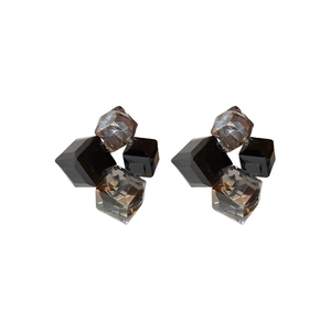 Minimalist geometric square crystal stud earrings in charcoal gray on white background