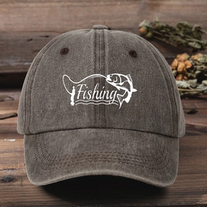Detail of vintage washed baseball cap with white Fishing print on dark brown cotton