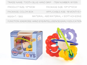 Detail of baby Manhattan rattle ball with soft rubber material and colorful packaging box