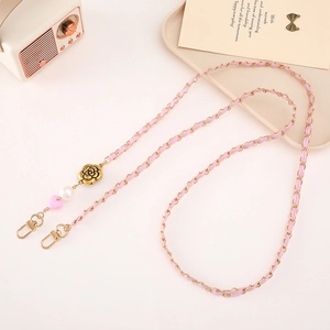 Pink leather woven chain strap with rose and pearl charms for phone or bags