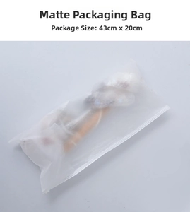 Close-up of frosted zip-lock packaging bag showing 43cm x 20cm size for storage
