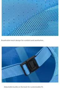 Detail of blue breathable mesh baseball cap with ventilation holes and adjustable buckle