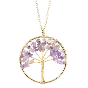 Detailed close-up of tree of life pendant with purple crystals and gold wire wrapping