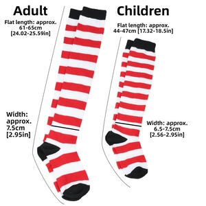 Size chart showing adult and kids dimensions for striped Christmas over-knee socks