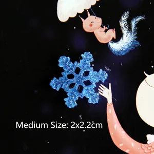 Macro detail of medium 2x2.2cm blue translucent resin snowflake with glitter
