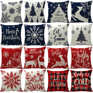 Christmas Pillow Covers Linen Cushion Cases Festive Snowflake Reindeer Print For Holiday Home Decor Sofa Couch