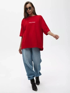 Close-up of Only Jesus print on oversized red 100% cotton T-shirt with premium texture
