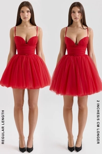 Detail comparison of regular and 5cm longer mesh tutu dresses in vibrant red mesh fabric