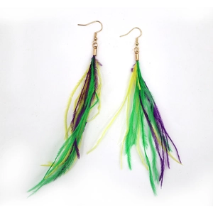 Fashionable Mardi Gras earrings with green, purple and gold feathers on golden hooks