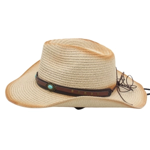 Detail of bohemian straw cowboy hat featuring turquoise stone and studded leather band