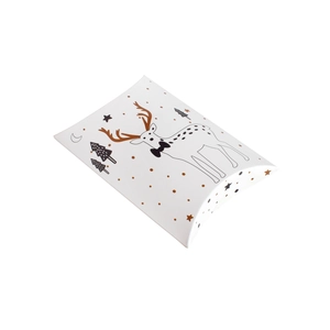 White Christmas pillow candy box with reindeer and tree illustrations on white background