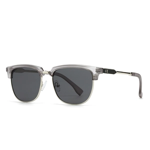 Modern square semi-rimless sunglasses with transparent grey frame and silver metal bridge