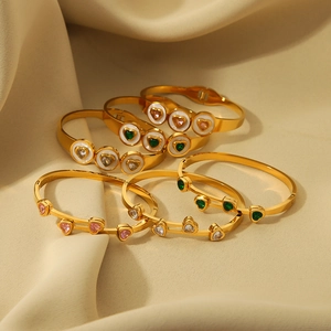 Titanium steel heart bangle set with colorful zircon and white shell in 18K gold finish