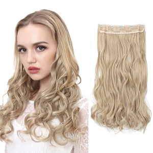 Detail view of wavy blonde hair extension with clips and model wearing long wave piece