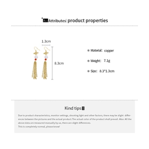 Detail showing copper cloud tassel earrings with size 8.3cm and weight 7.1g specifications