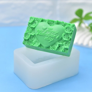 Green rose heart silicone soap mold set with Happy Valentine's Day relief pattern