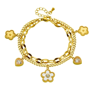 Double-layer gold stainless steel chain bracelet with white flower and heart charms