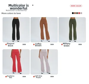 Vue détaillée en grille d'un pantalon de yoga évasé taille haute en cinq coloris