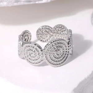 Macro shot of silver geometric spiral textured detail on adjustable stainless steel ring