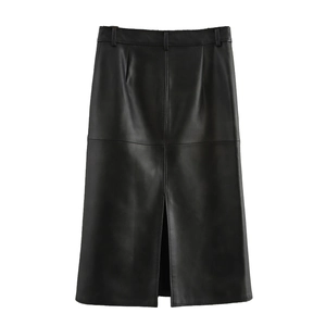 Gonna midi minimalista in pelle PU nera con spacco frontale e passanti per cintura