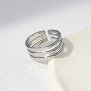Detailed view of silver minimalist triple-layered adjustable stainless steel open ring