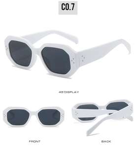 Detailed multi-angle view of white geometric sunglasses with silver rivet accents