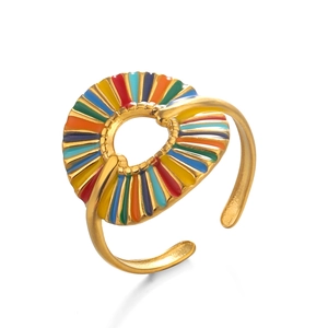 Fashion gold cuff bracelet with colorful rainbow enamel fan-shaped charms on white background