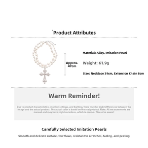 Detailed specs of double-layer faux pearl necklace with vintage cross pendant