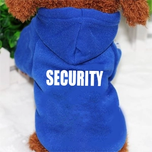 Macro shot of blue dog hoodie featuring Security text and soft cotton fleece texture