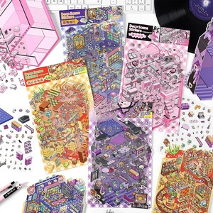 Isometric Deco Scene Stickers PET Cardboard DIY Scrapbooking Stationery Aesthetic Miniature Room Themes Creative Craft Decals