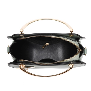 Green PU leather shell handbag with gold ring handles and internal storage view