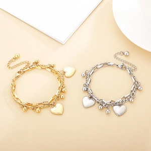 Dual-layer stainless steel heart charm bracelets in gold and silver finish with beads