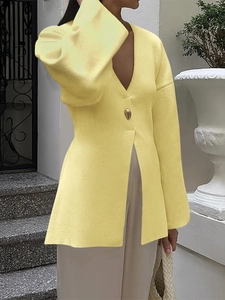 Elegant yellow slim-fit knit cardigan with deep V-neck and flared sleeves for women