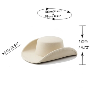 Detailed overhead view showing dimensions for cream felt flat top hat with 10cm wide brim