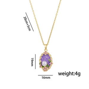 French vintage purple floral enamel pendant with pearl and golden chain dimensions