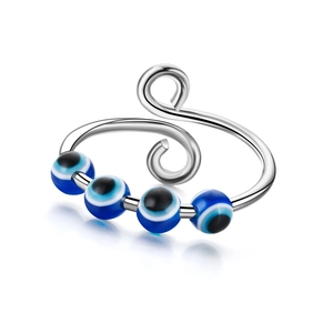Adjustable silver evil eye anxiety ring featuring four rotating blue bead charms