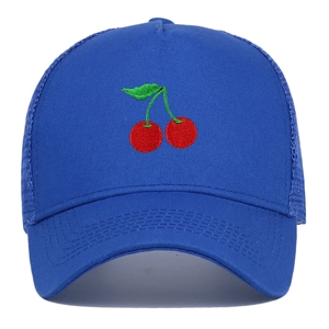 Blue cotton trucker hat with cherry embroidery and breathable mesh back for women