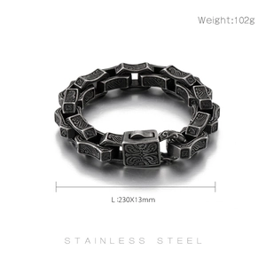 Macro view of retro punk totem pattern and dimensions of 304 stainless steel men's bracelet