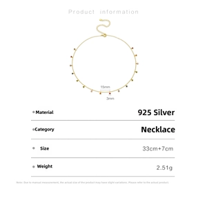 Detail of gold 925 silver necklace with 3mm rainbow zircon pendants and sizing specs