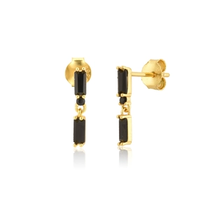 Macro shot of double-layered square earrings with black zircons and S925 silver hallmarks