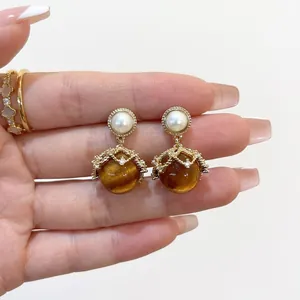 18K gold plated drop earrings featuring white pearls and vintage brown tiger eye stones