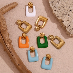 Modern 18K gold-plated geometric rectangle earrings with colorful enamel dripping finish