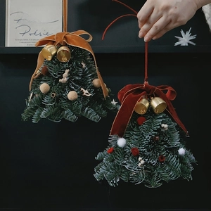 Mini Christmas Tree Tabletop Ornament With Velvet Bow Gold Bells Simulated Pine Desktop Decoration For Holiday Gift