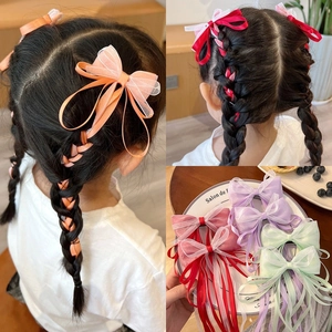 Girl ribbon bow hair clips and ties set in vibrant organza colors for styling
