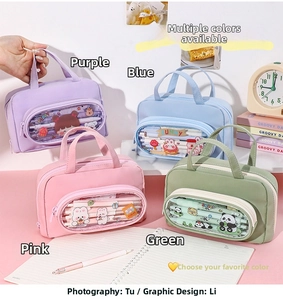 Macro detail of high-capacity stationery bags with transparent windows and carry handles