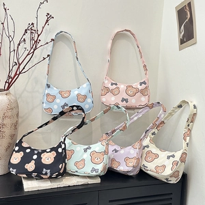 Women Cartoon Bear Print Underarm Bag Sweet Polka Dot Bowknot Nylon Shoulder Purse Casual Harajuku Handbag For Girls