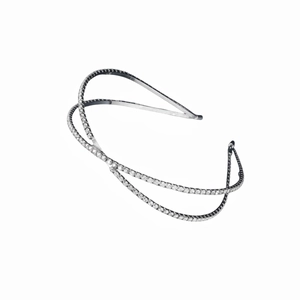 Elegant silver X-shaped headband with sparkling rhinestones in a crisscross design