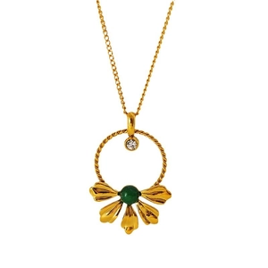 Gold clover flower necklace with green stone pendant and zircon accents on a chain