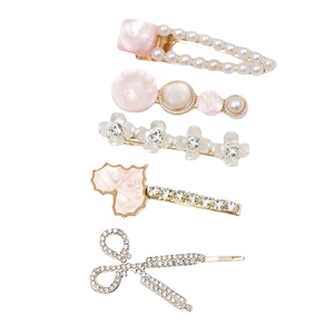 5-piece pink and gold hair clip set featuring pearls, rhinestones and shell textures