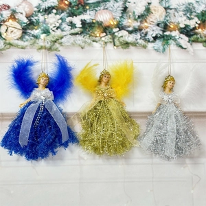 Christmas feather angel hanging ornaments in blue, gold and silver for holiday tree decor